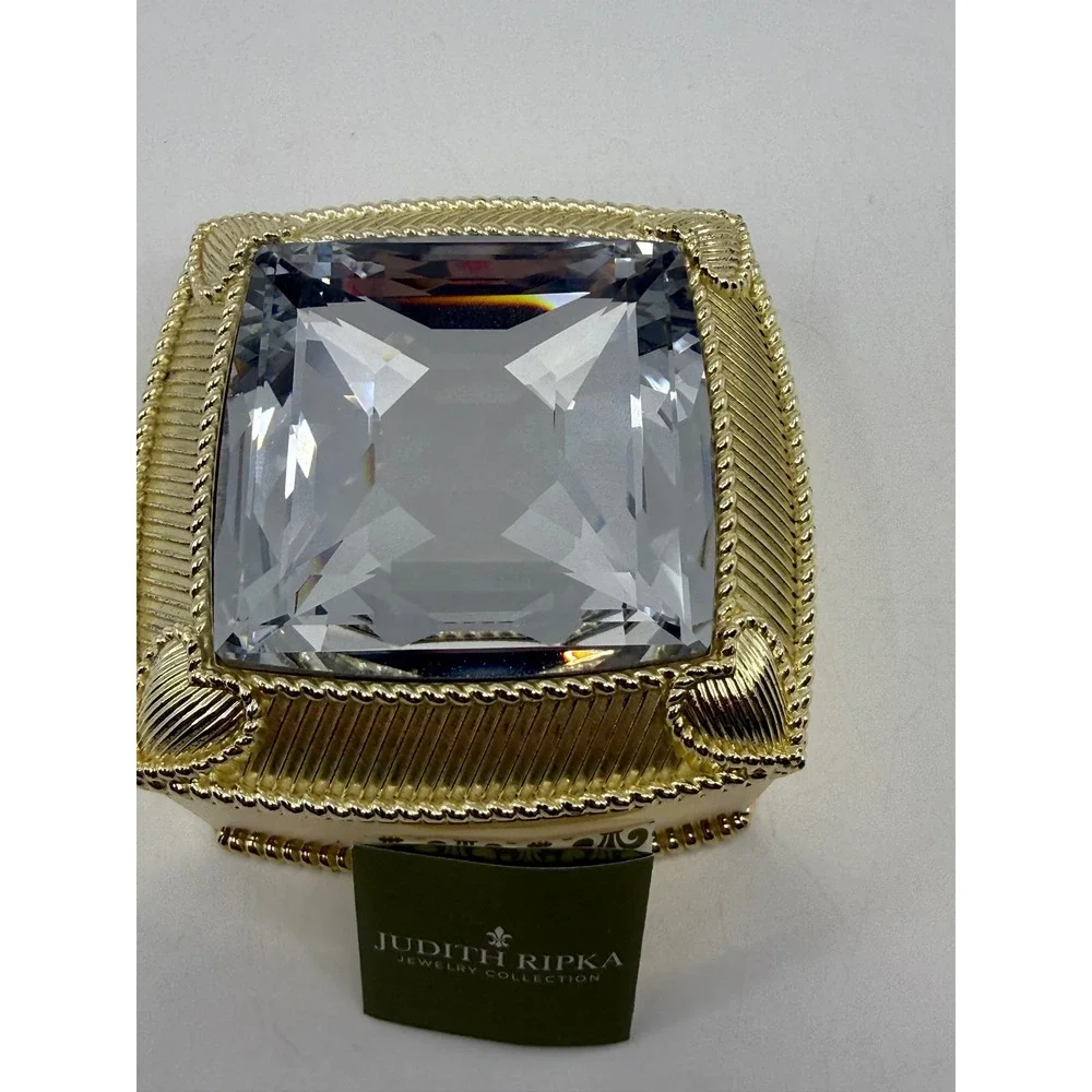 Judith Ripka Gold Tone Trinket Box Large Emerald Cut Crystal Top QVC 2014